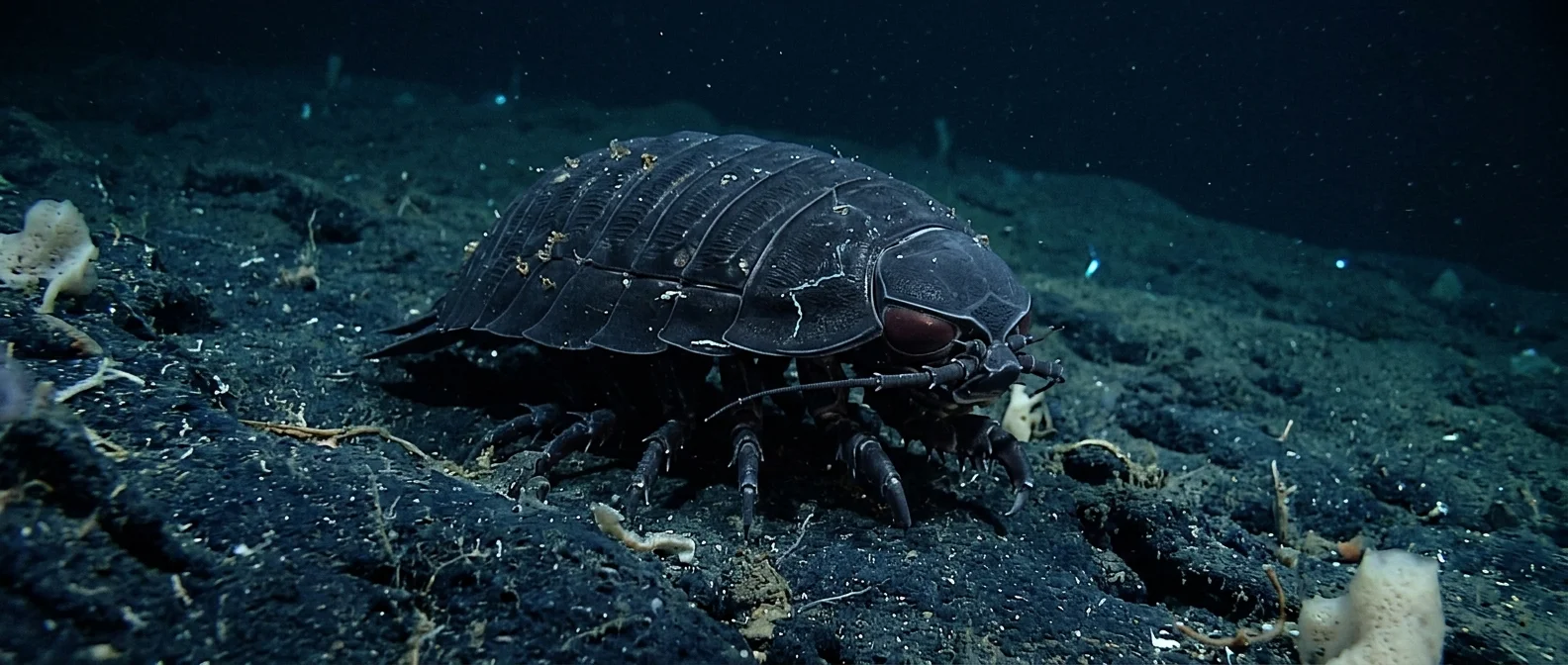 Giant isopod Bathynomus giganteus on the deep sea floor showing segmented exoskeleton
