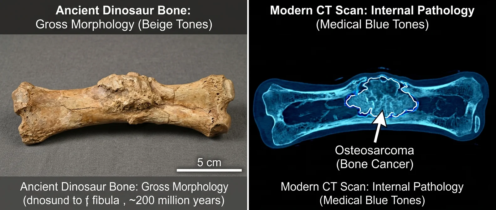 Centrosaurus dinosaur bone showing osteosarcoma cancer detected through micro CT scan analysis