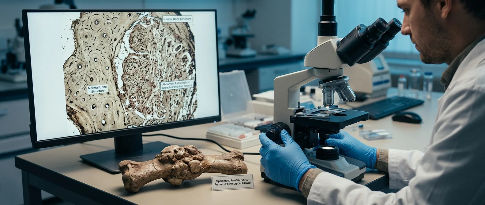 CT scan analysis of Centrosaurus fibula showing osteosarcoma bone cancer in 76-million-year-old dinosaur fossil