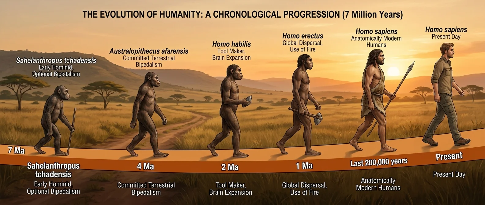 Human evolution timeline from Sahelanthropus to Homo sapiens showing fossil skulls and bipedal development