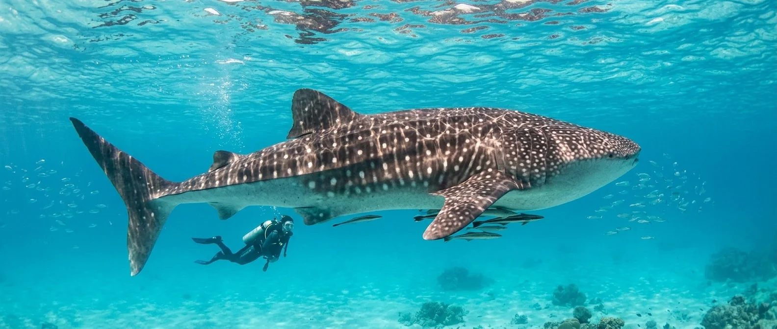 Whale shark swimming with distinctive white spot pattern in crystal clear ocean waters