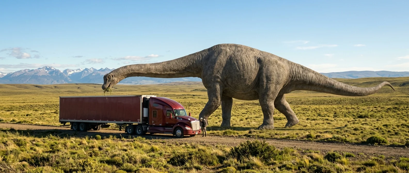 Patagotitan mayorum, the 70-ton dinosaur giant from Argentina, shown in scale comparison to demonstrate its massive size