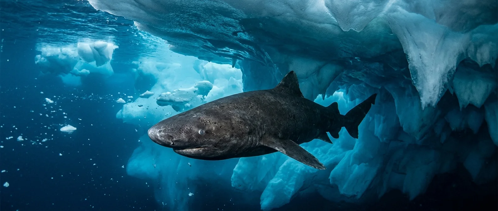 Greenland shark swimming in Arctic waters with biological adaptations for extreme longevity