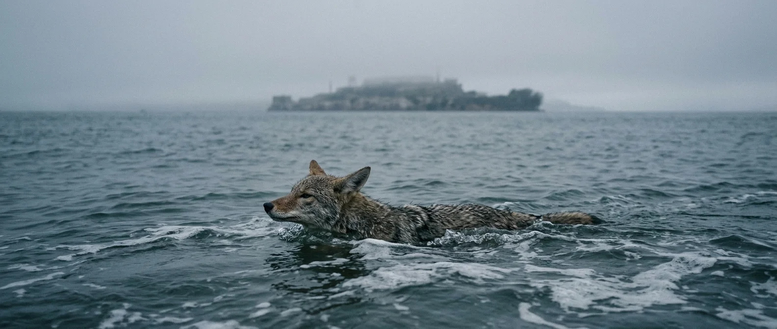 Coyote swimming to Alcatraz Island in San Francisco Bay
