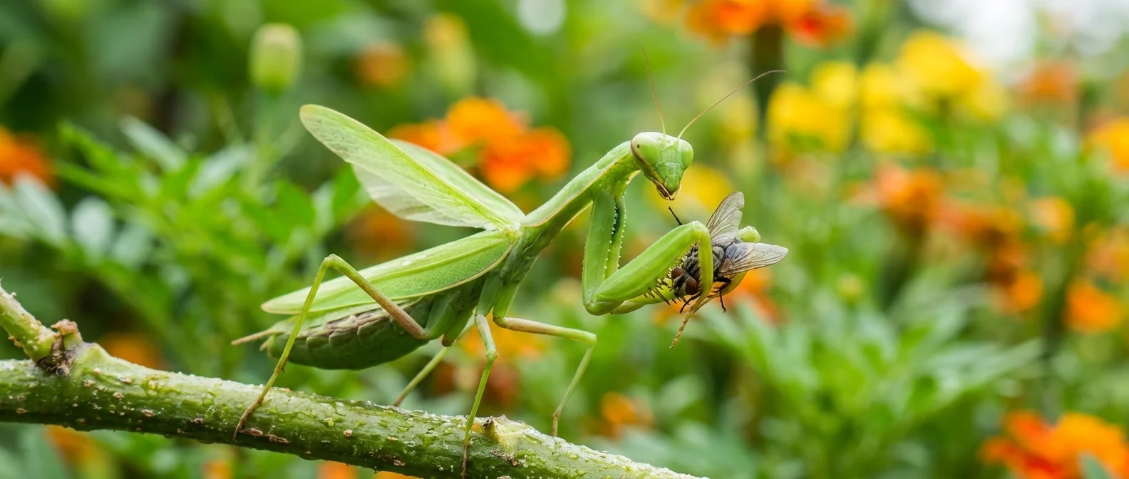 Praying mantis in hunting position demonstrating lightning-fast strike capability