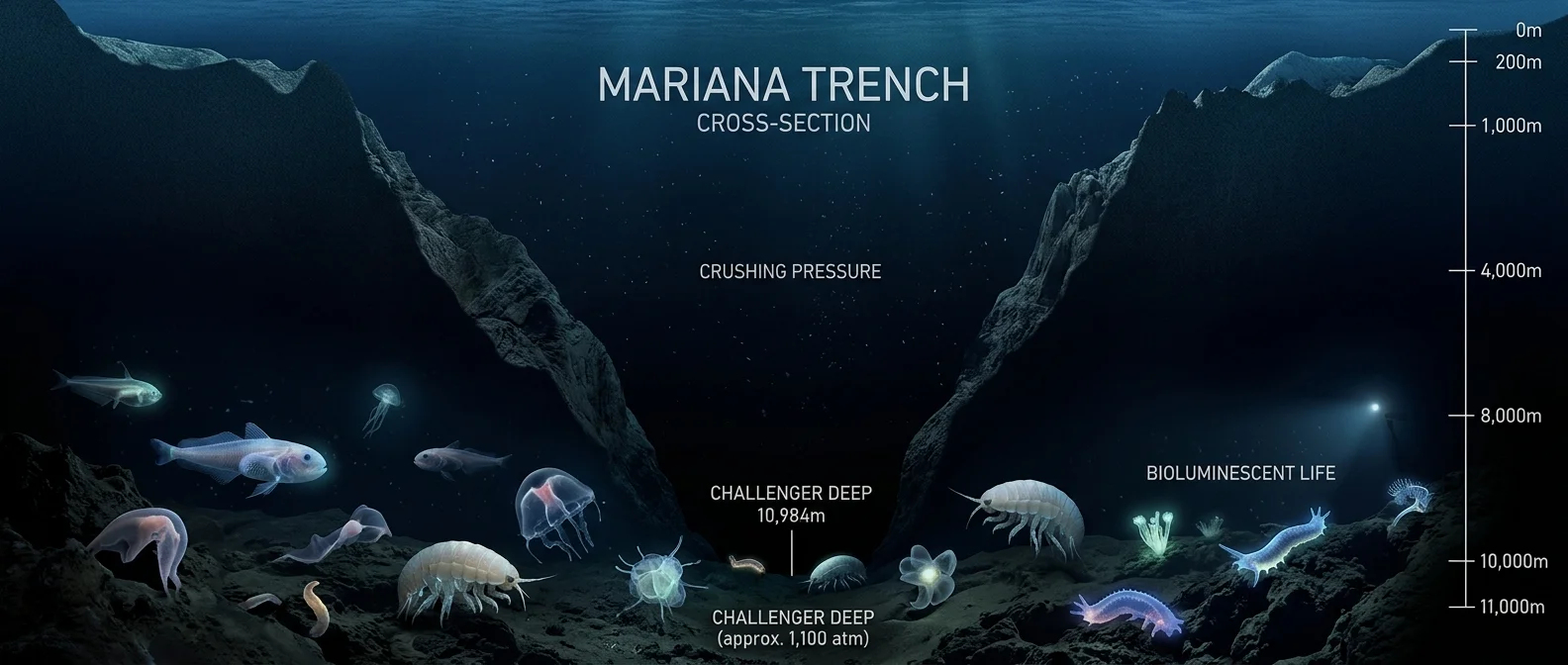 Mariana Trench cross-section showing the extreme depth of 36,000 feet below sea level
