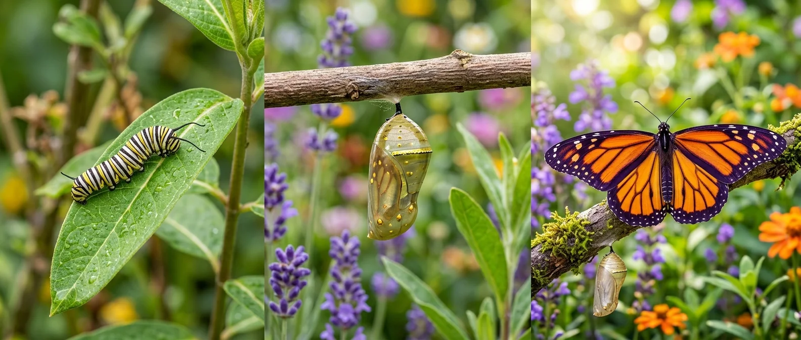 Caterpillar undergoing complete metamorphosis transformation inside chrysalis