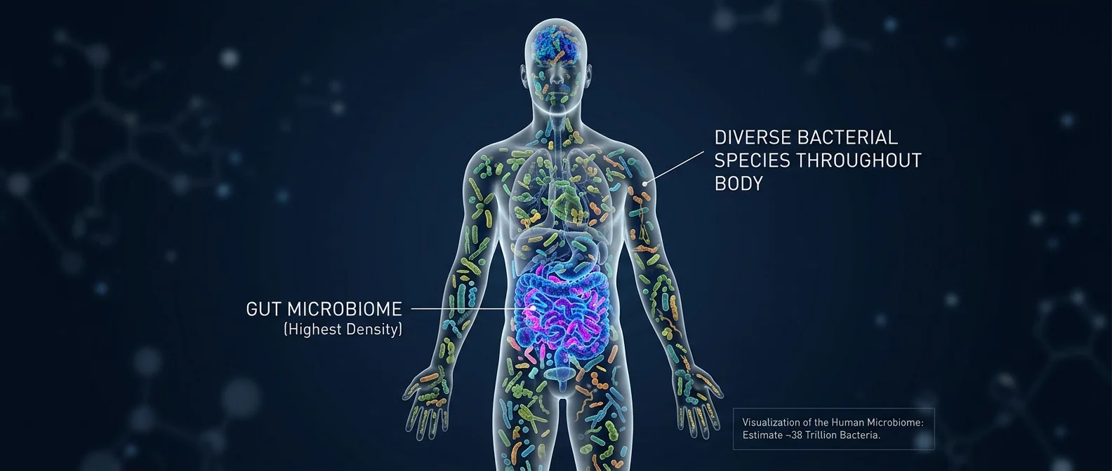 Microbiome illustration showing 38 trillion bacteria controlling human body functions and health
