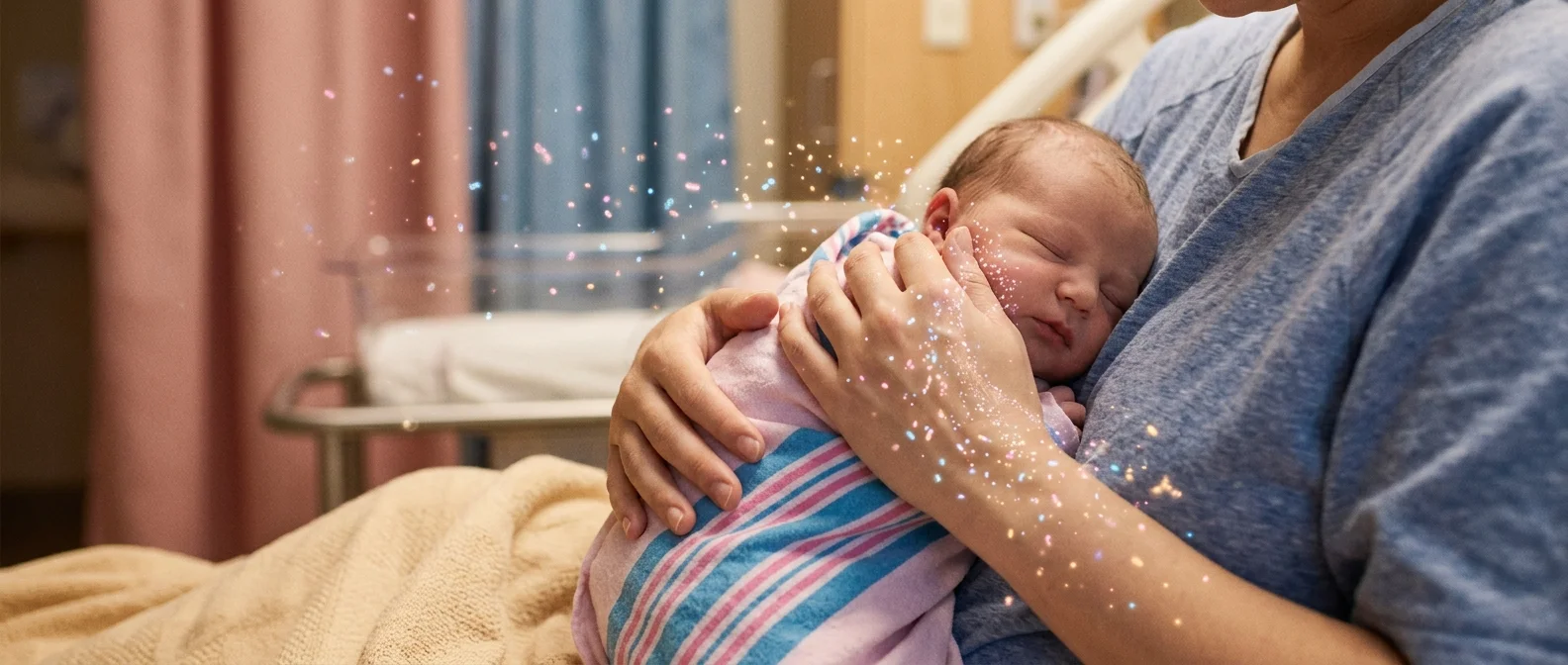 Newborn baby acquiring first bacterial colonies during birth process