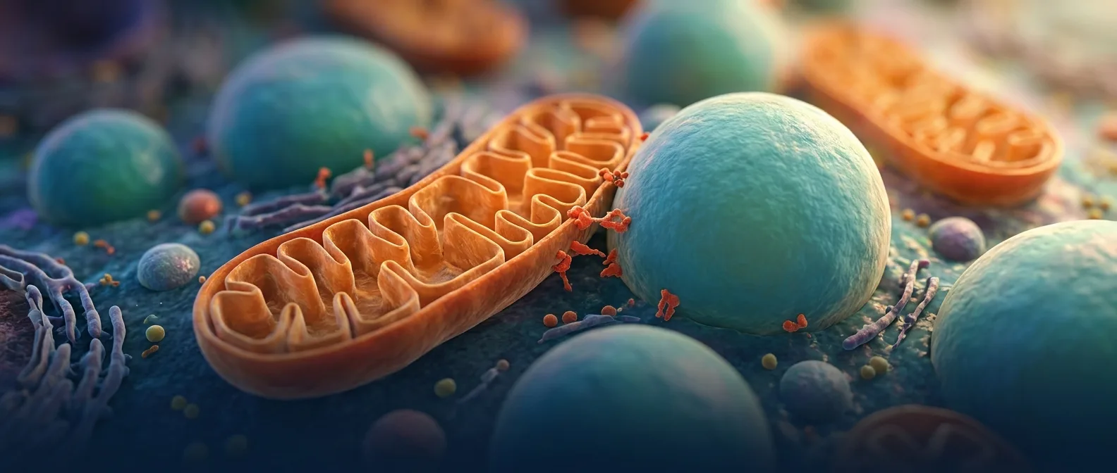 Microscopic view of mitochondria connecting to lipid droplets in liver cells showing perilipin 5 mediated contacts