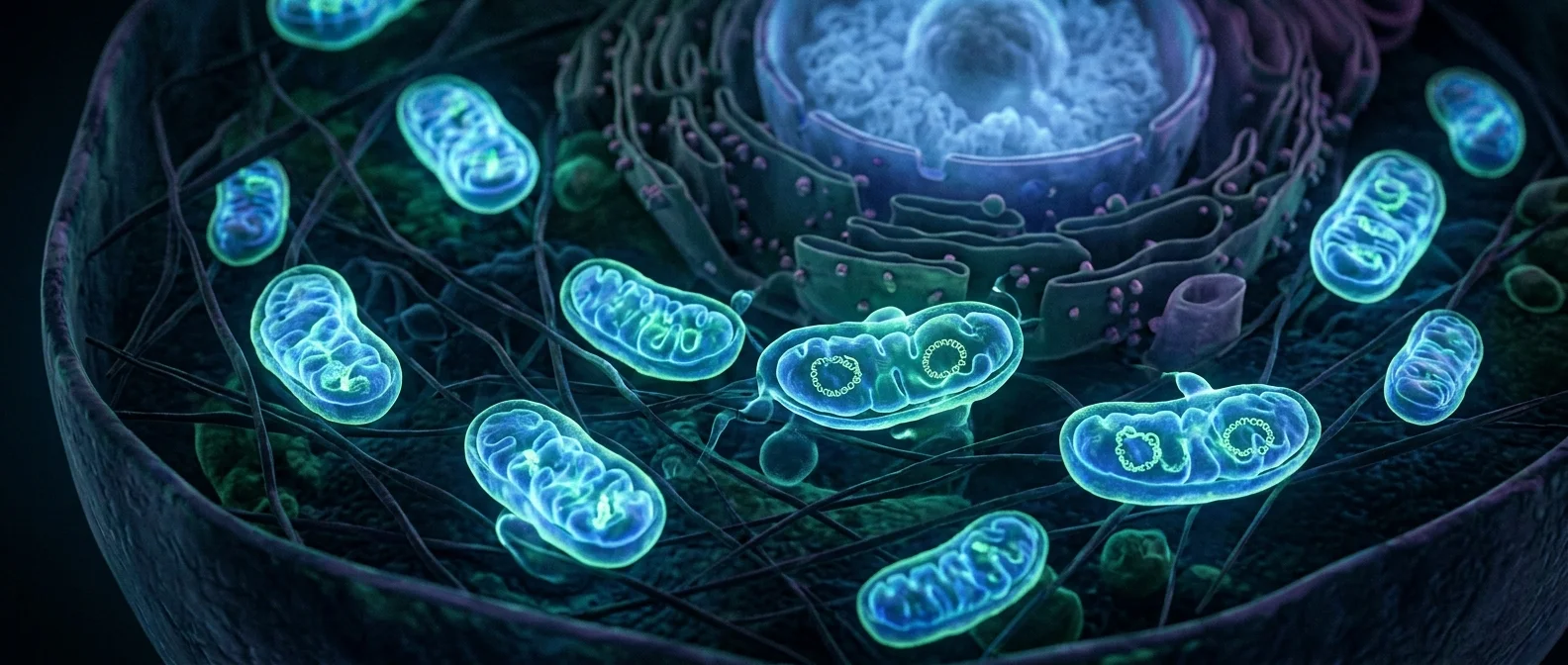 Detailed mitochondrial structure showing double membrane and circular DNA distinct from nuclear DNA