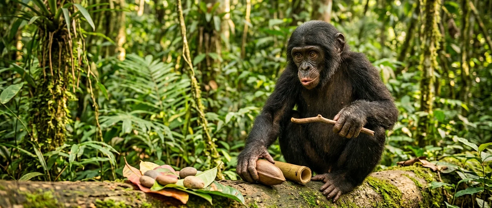 Bonobo engaging in pretend play experiment showing cognitive abilities once thought exclusively human