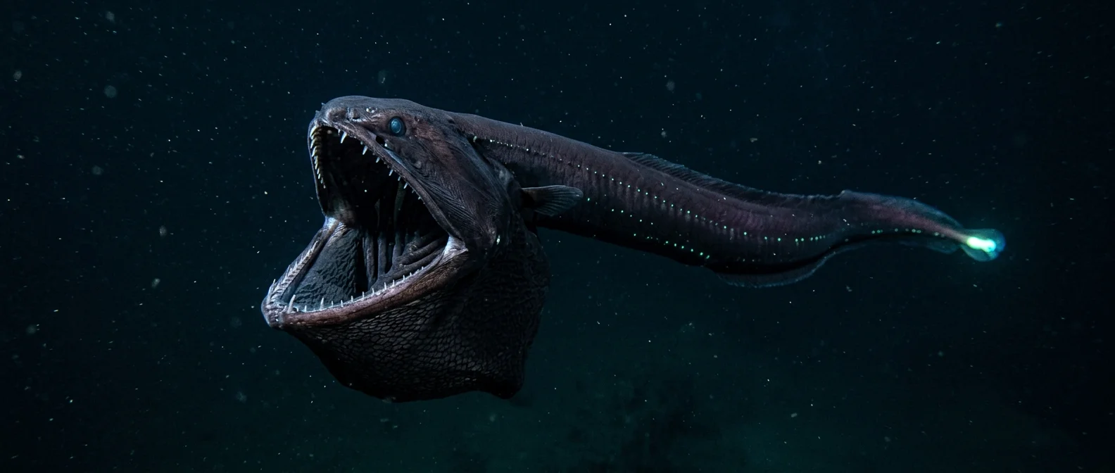 Pelican eel with massive expanded mouth in the deep ocean abyss