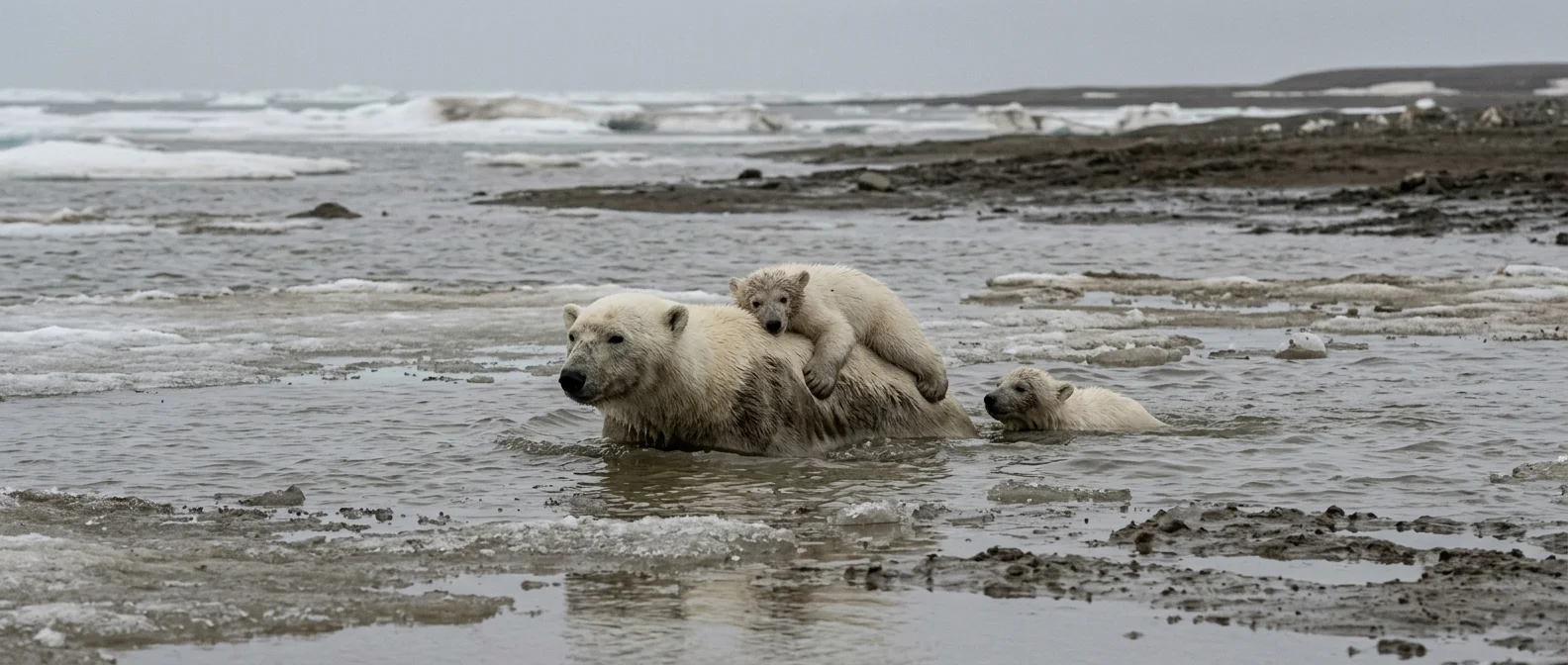 Polar bear mother and cubs resting in mud due to melting Arctic ice and rising temperatures