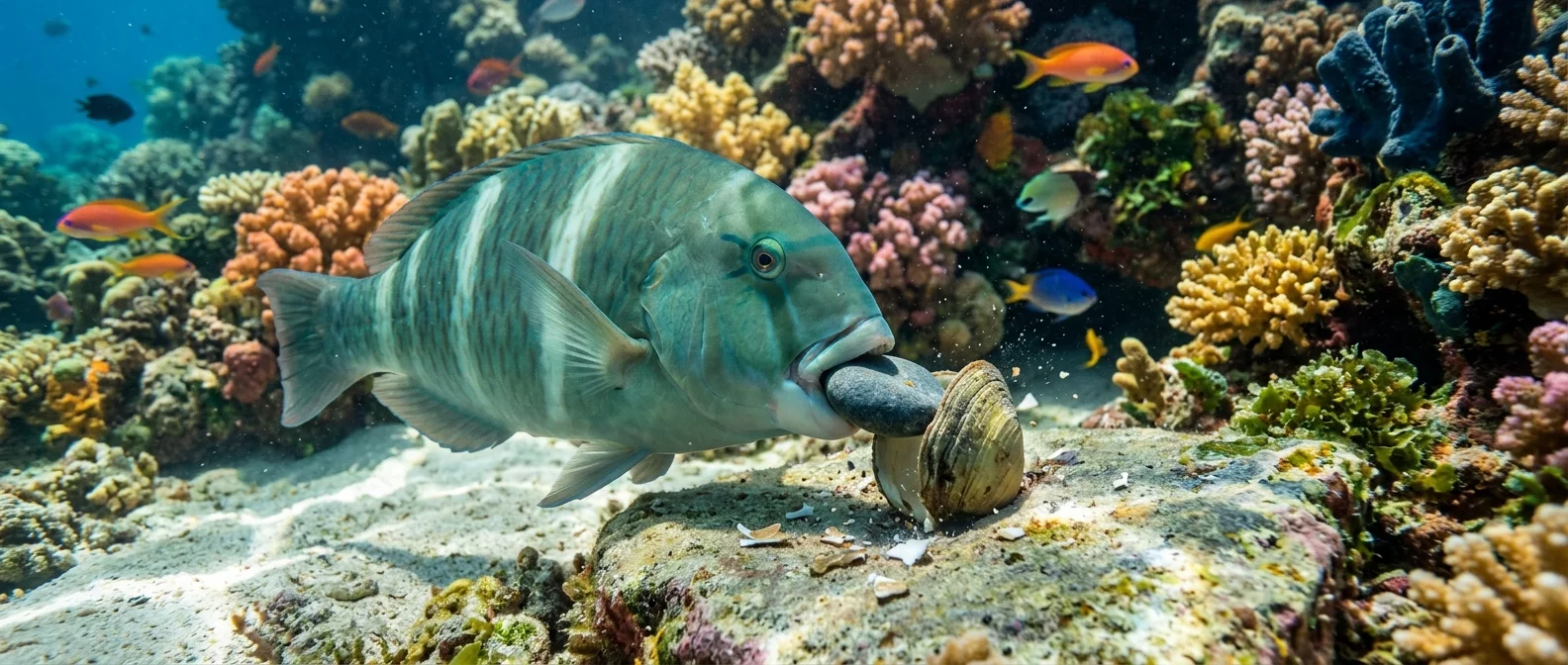 Cleaner wrasse fish demonstrating tool use with shrimp while observing mirror reflection