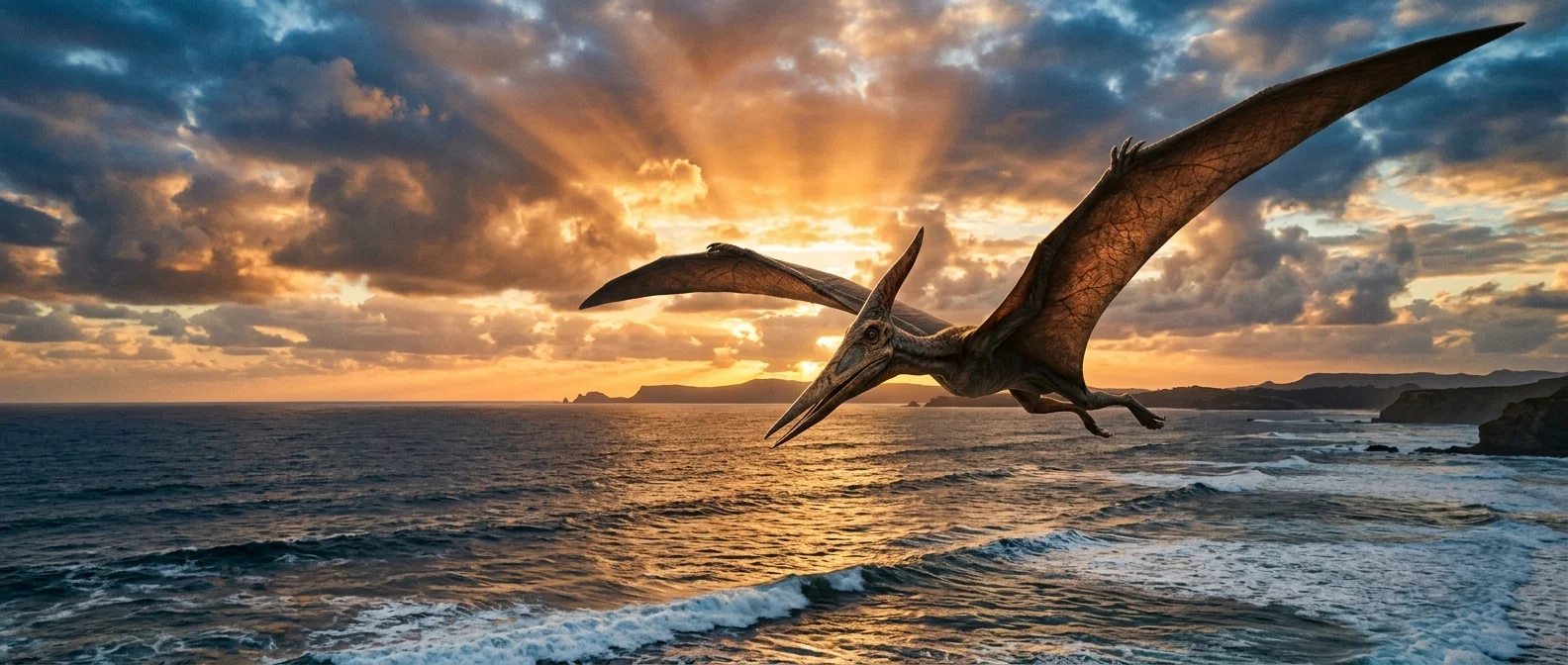 Massive pterosaur soaring over prehistoric landscape with 11-meter wingspan displaying ancient flight capabilities
