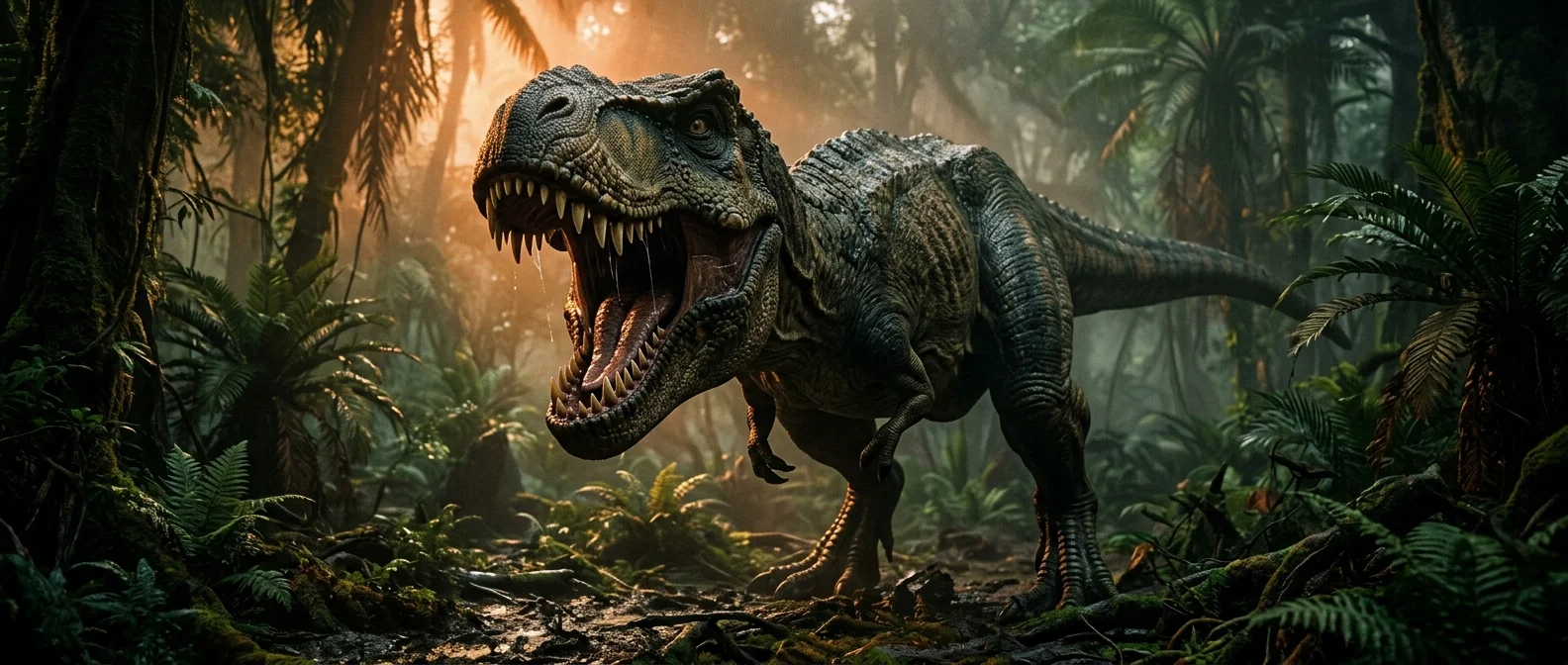 T-Rex σε φυσικό περιβάλλον της Κρητιδικής περιόδου με ανατομικές λεπτομέρειες