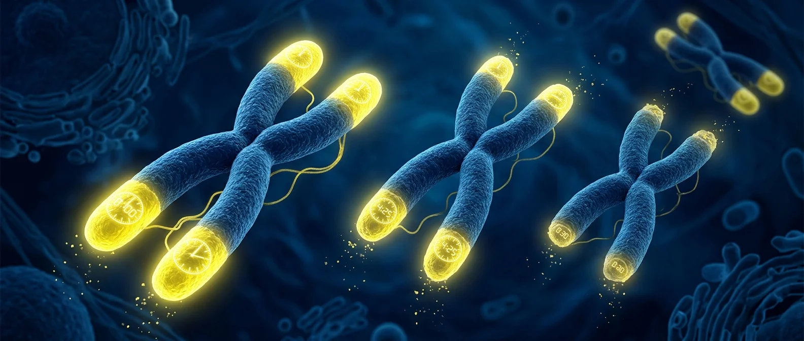 Telomere structure at chromosome ends showing protective DNA caps and TTAGGG repeats