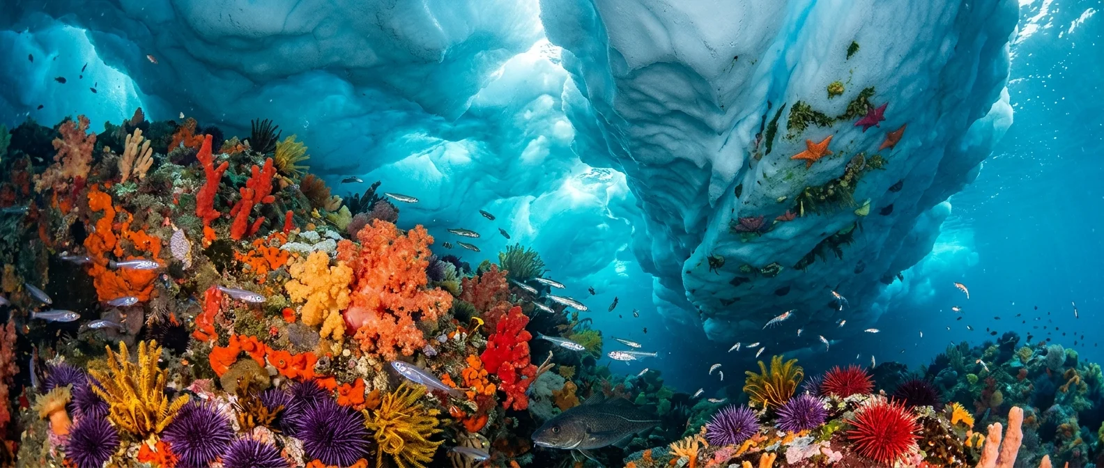 Antarctic ice sheet cross-section revealing hidden subglacial ecosystem beneath frozen surface