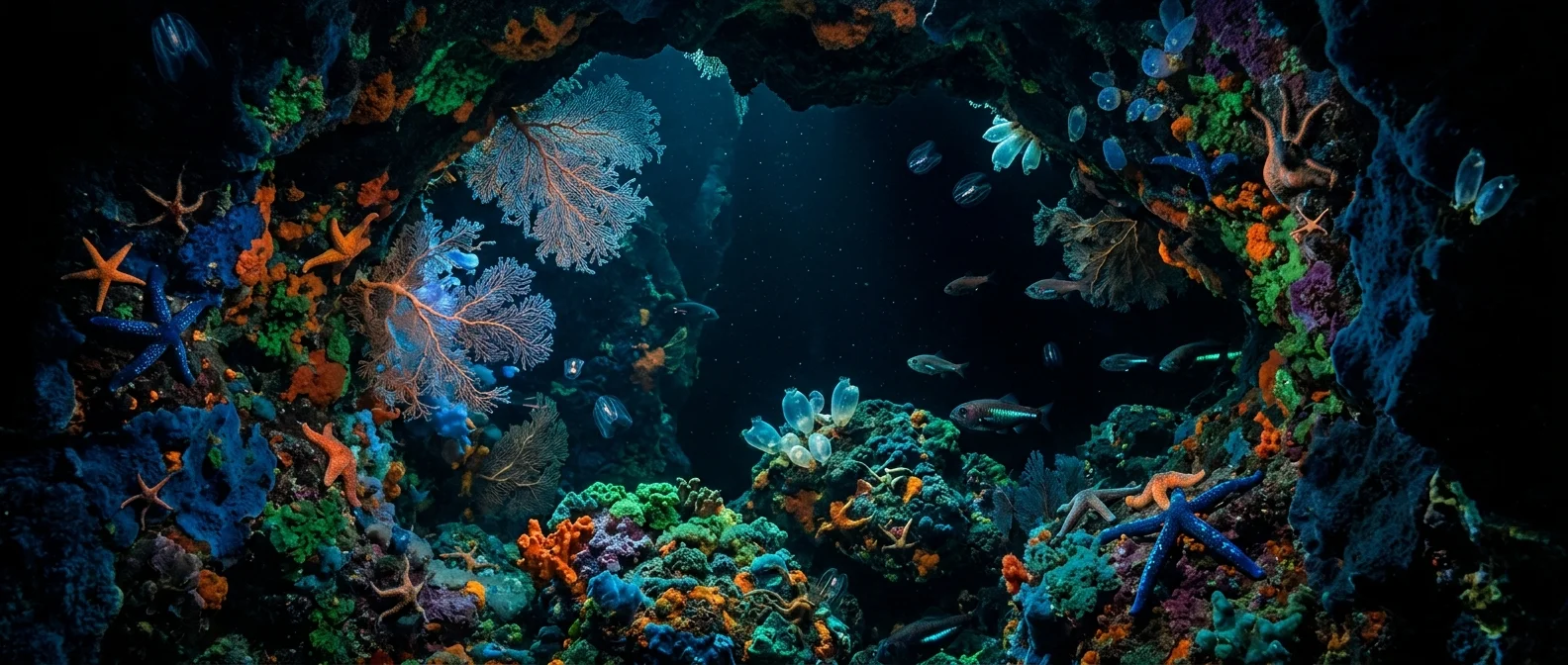 Marine cave ecosystem showing underwater stalactites with methane-feeding organisms and bioluminescent bacteria
