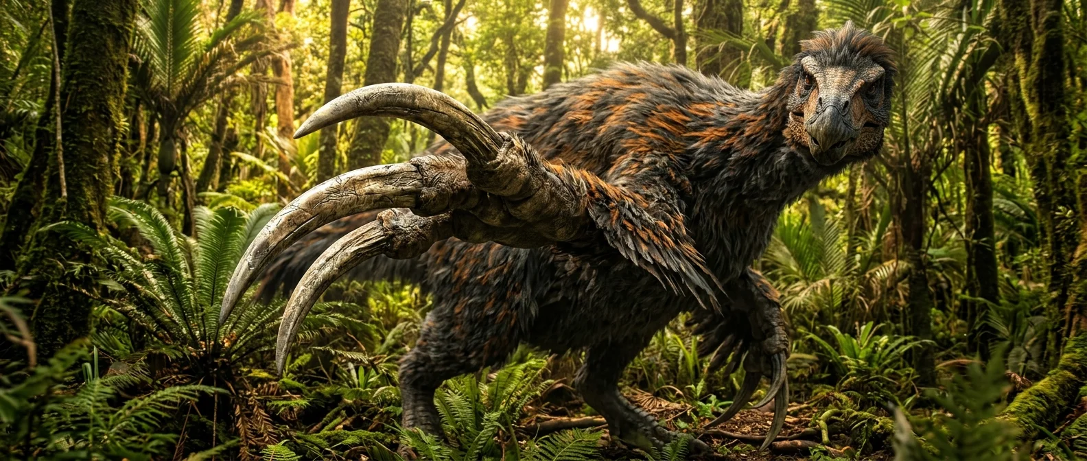 Θεριζινόσαυρος με τεράστια νύχια σε σχήμα δρεπανιού να τρώει φυτά σε προϊστορικό τοπίο