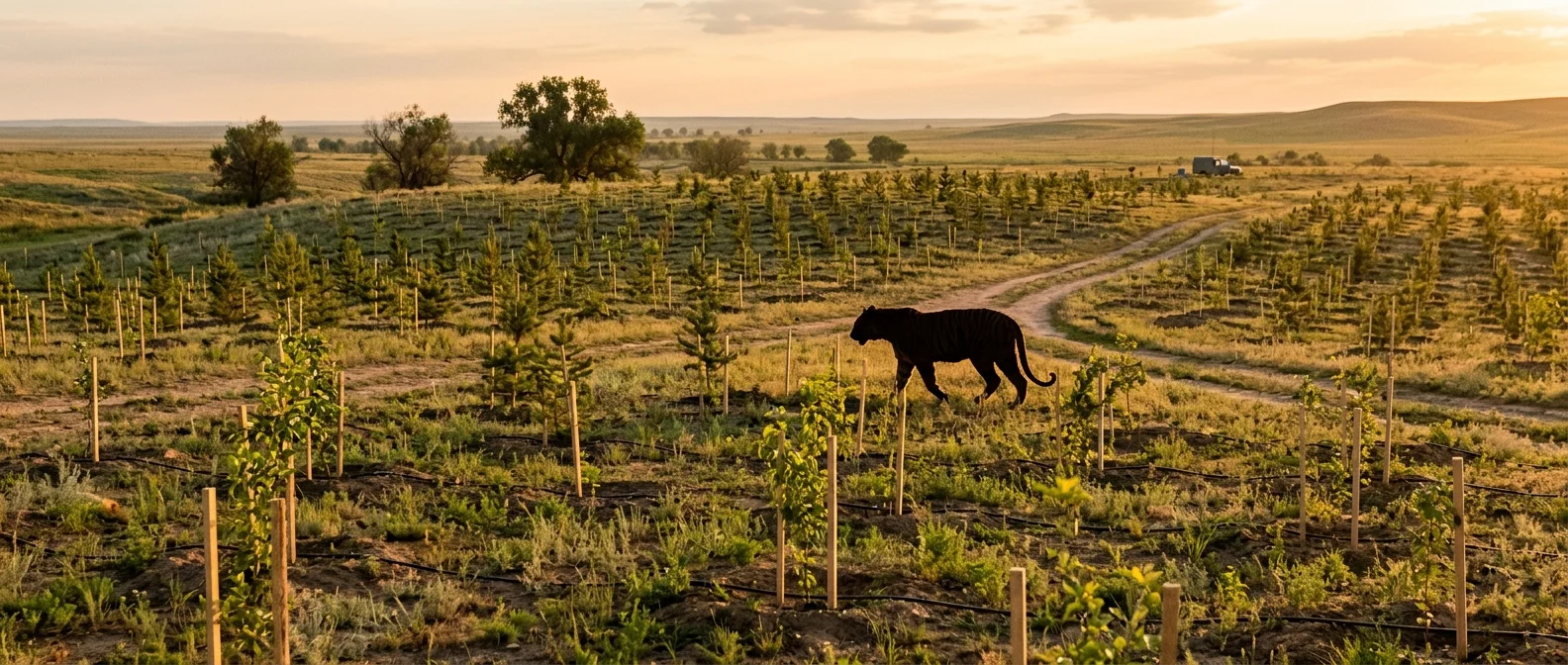Τίγρη Αμούρ στο φυσικό της περιβάλλον με πυκνή βλάστηση κοντά στη λίμνη Μπαλχάς του Καζακστάν