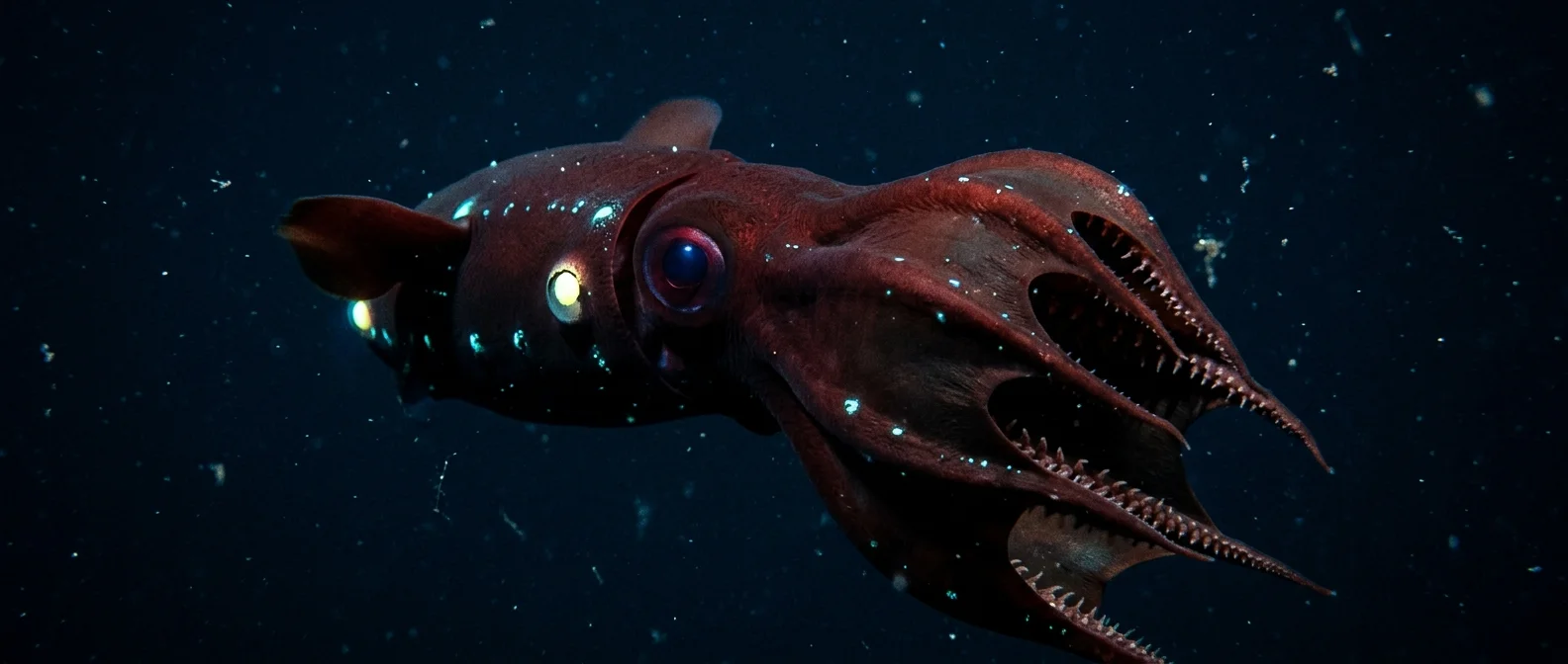 Βαμπίρ καλαμάρι Vampyroteuthis infernalis με βιοφωσφορικές κηλίδες στα βάθη του ωκεανού