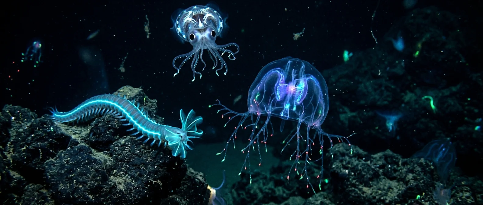 Deep sea creatures living in extreme pressure conditions in ocean trenches