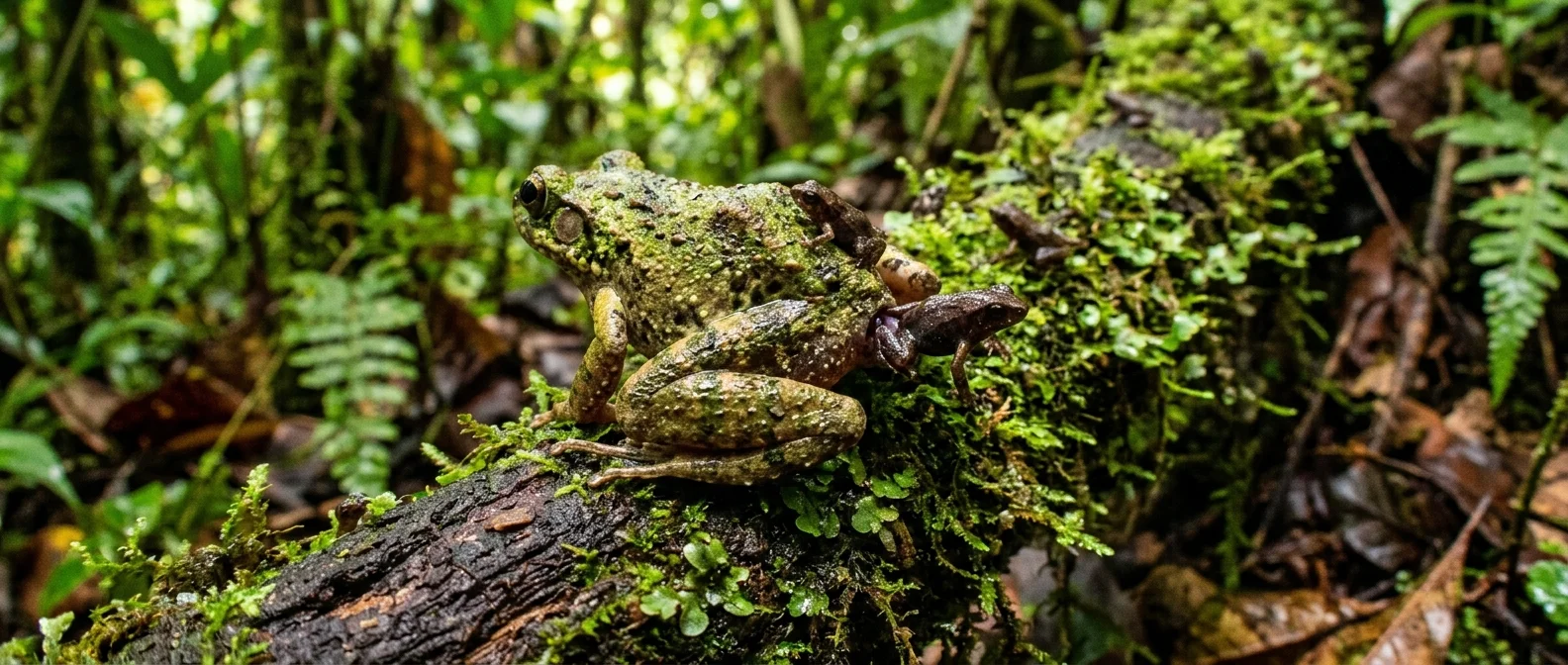 Limnonectes larvaepartus fanged frog giving birth to live tadpoles in Sulawesi rainforest